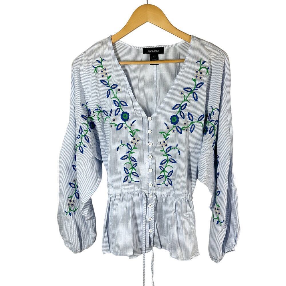 KAREN KANE Embroidered Drawstring Stripe Lightweight Top Size Small